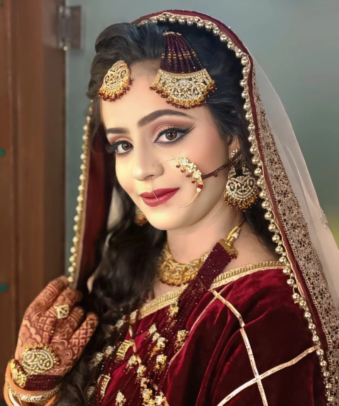 Maroon velvet bridal look